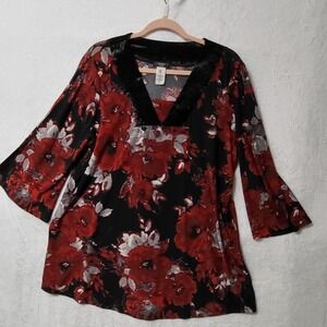 Cocomo Woman Floral Tunic‎ Top Velvet Trim Bell Sleeve Blouse 1X Red Black